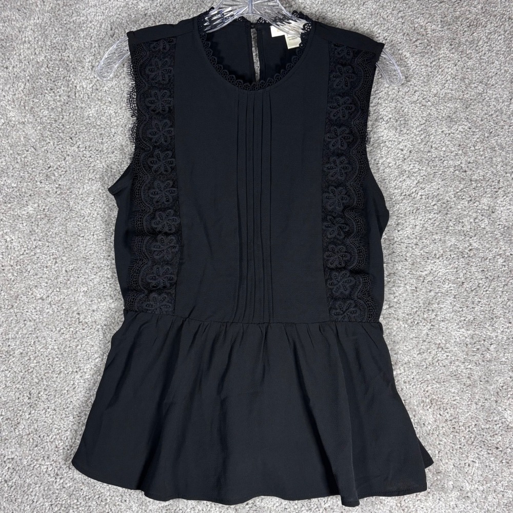 Monteau‎ Los Angeles Womens Black Lace Trim Peplum Top Blouse Size M